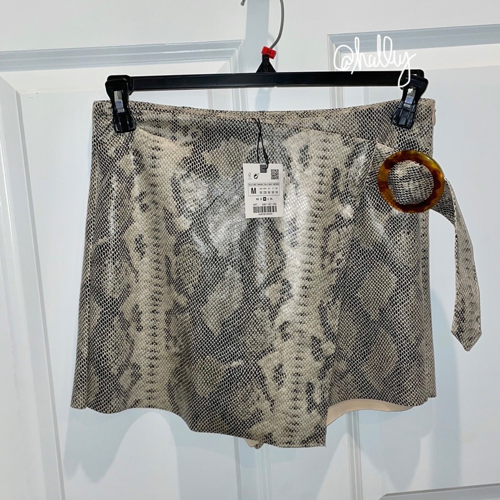 Zara Faux Suede Snakeskin Print Belted Wrap Skort